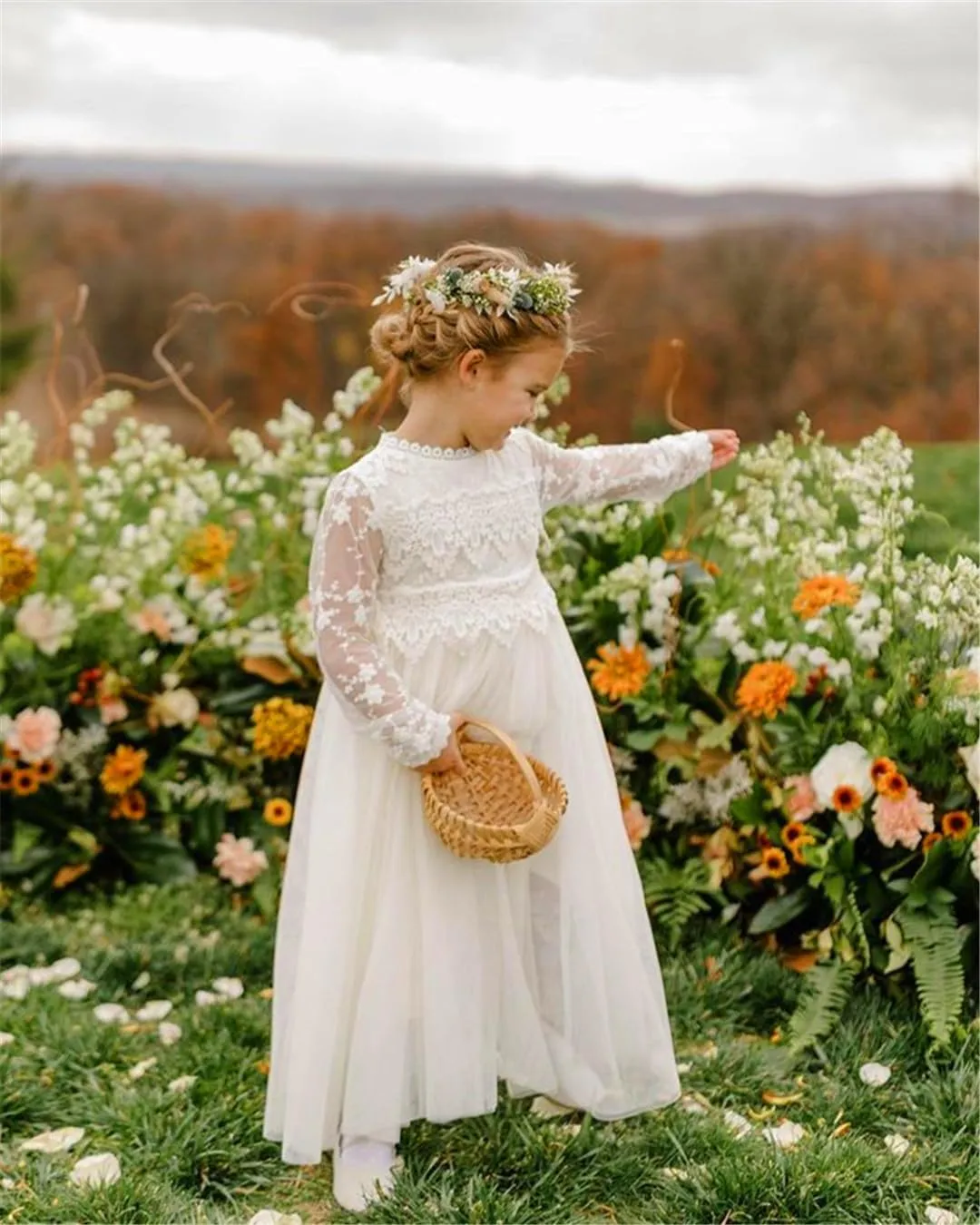 2Bunnies Girl Boho Bohemian Rustic Communion Crochet Lace A-Line Tulle Flower Girl Dress