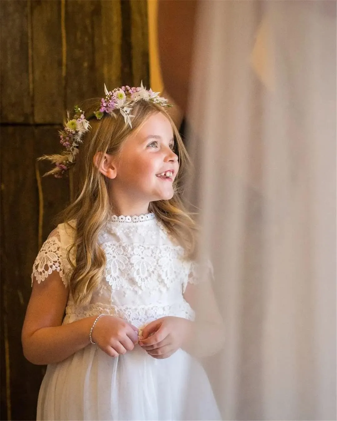 2Bunnies Girl Boho Bohemian Rustic Communion Crochet Lace A-Line Tulle Flower Girl Dress