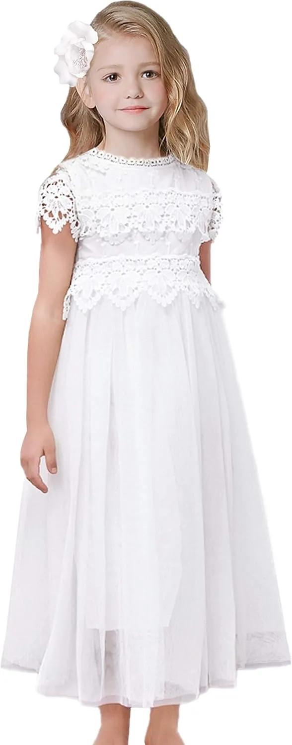 2Bunnies Girl Boho Bohemian Rustic Communion Crochet Lace A-Line Tulle Flower Girl Dress