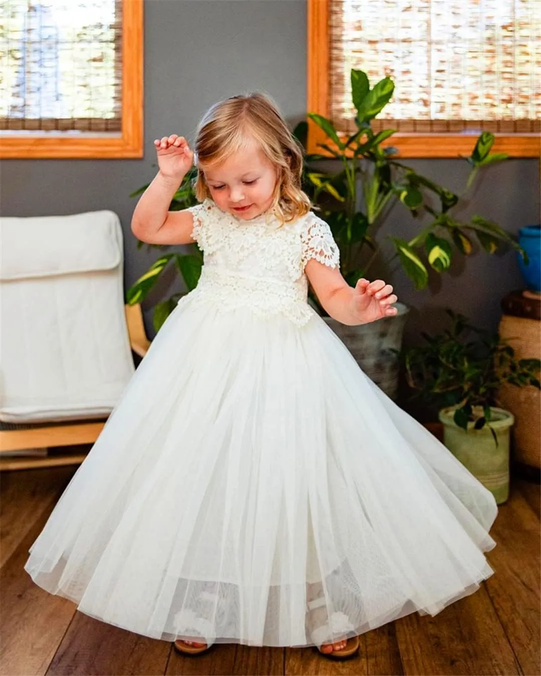 2Bunnies Girl Boho Bohemian Rustic Communion Crochet Lace A-Line Tulle Flower Girl Dress