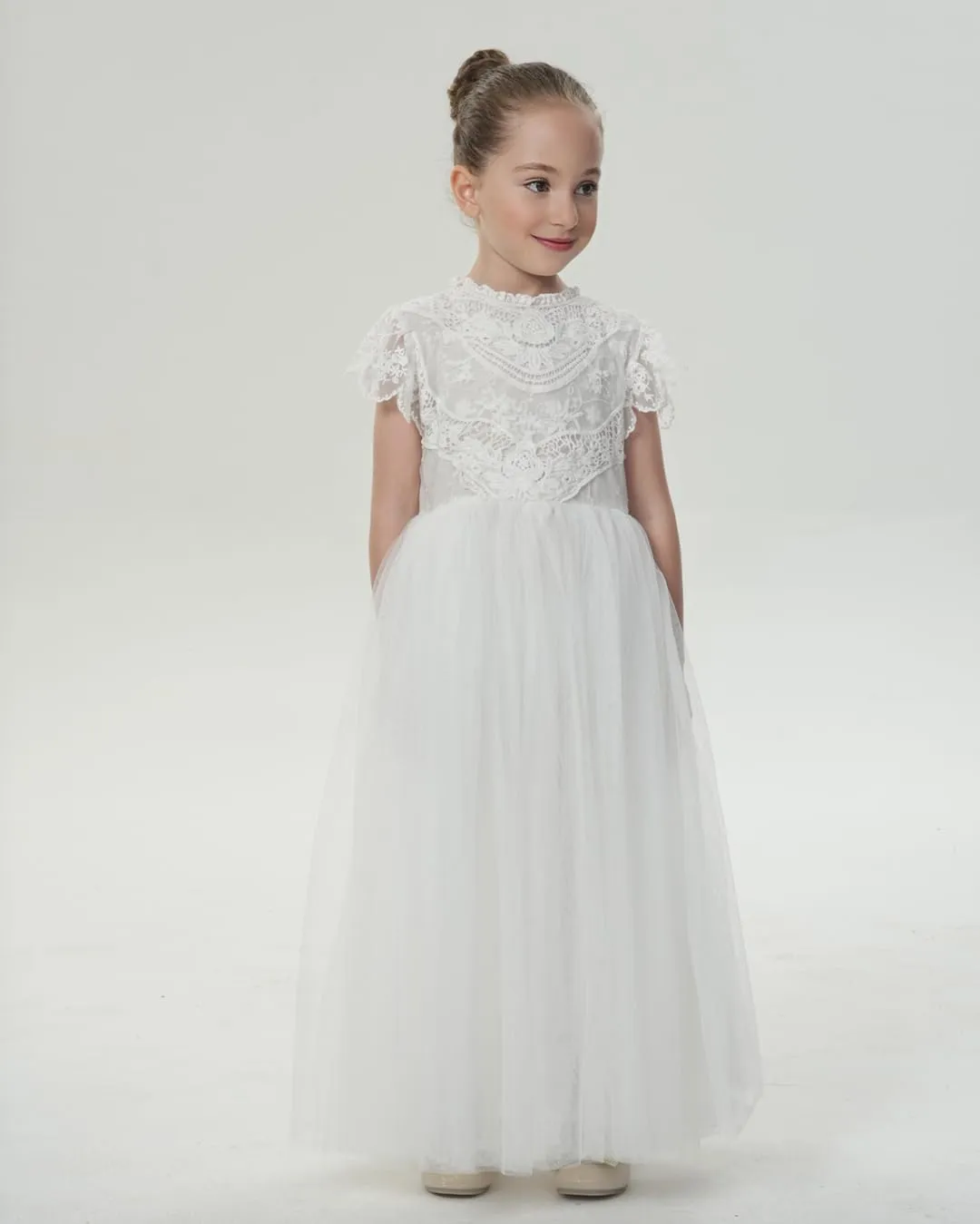 2Bunnies Girl Boho Bohemian Rustic Communion Crochet Lace A-Line Tulle Flower Girl Dress