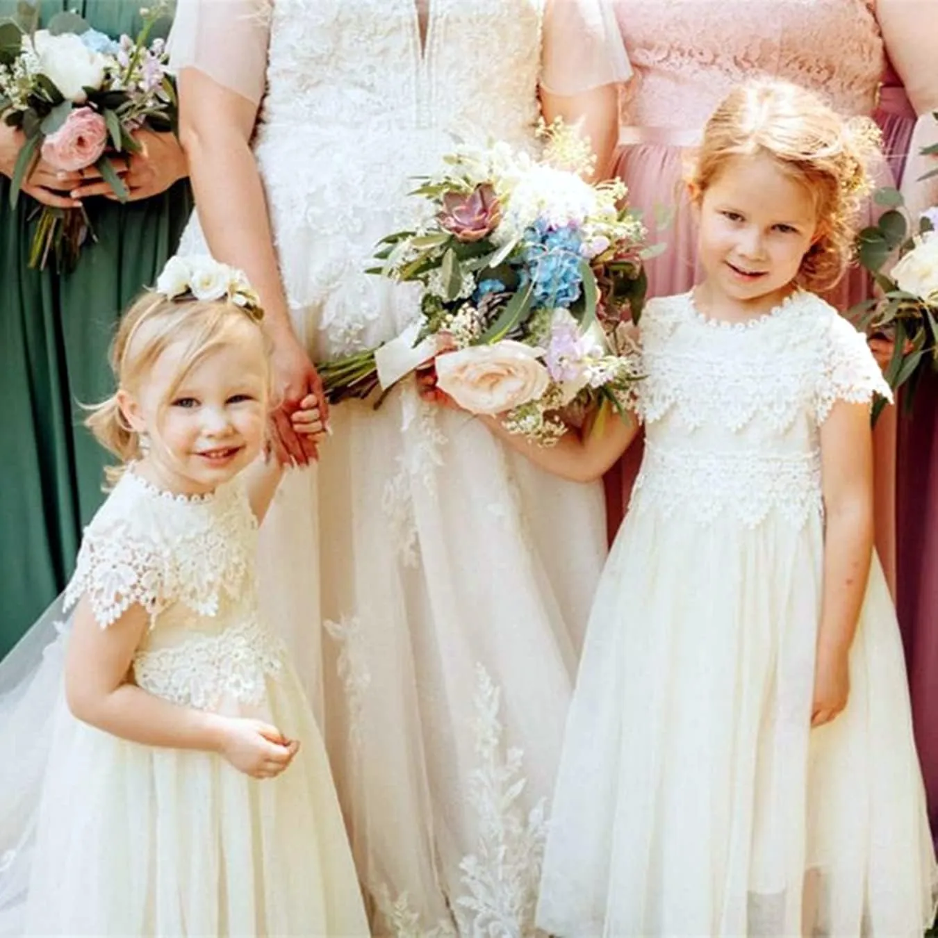 2Bunnies Girl Boho Bohemian Rustic Communion Crochet Lace A-Line Tulle Flower Girl Dress