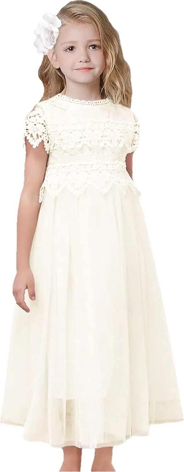 2Bunnies Girl Boho Bohemian Rustic Communion Crochet Lace A-Line Tulle Flower Girl Dress