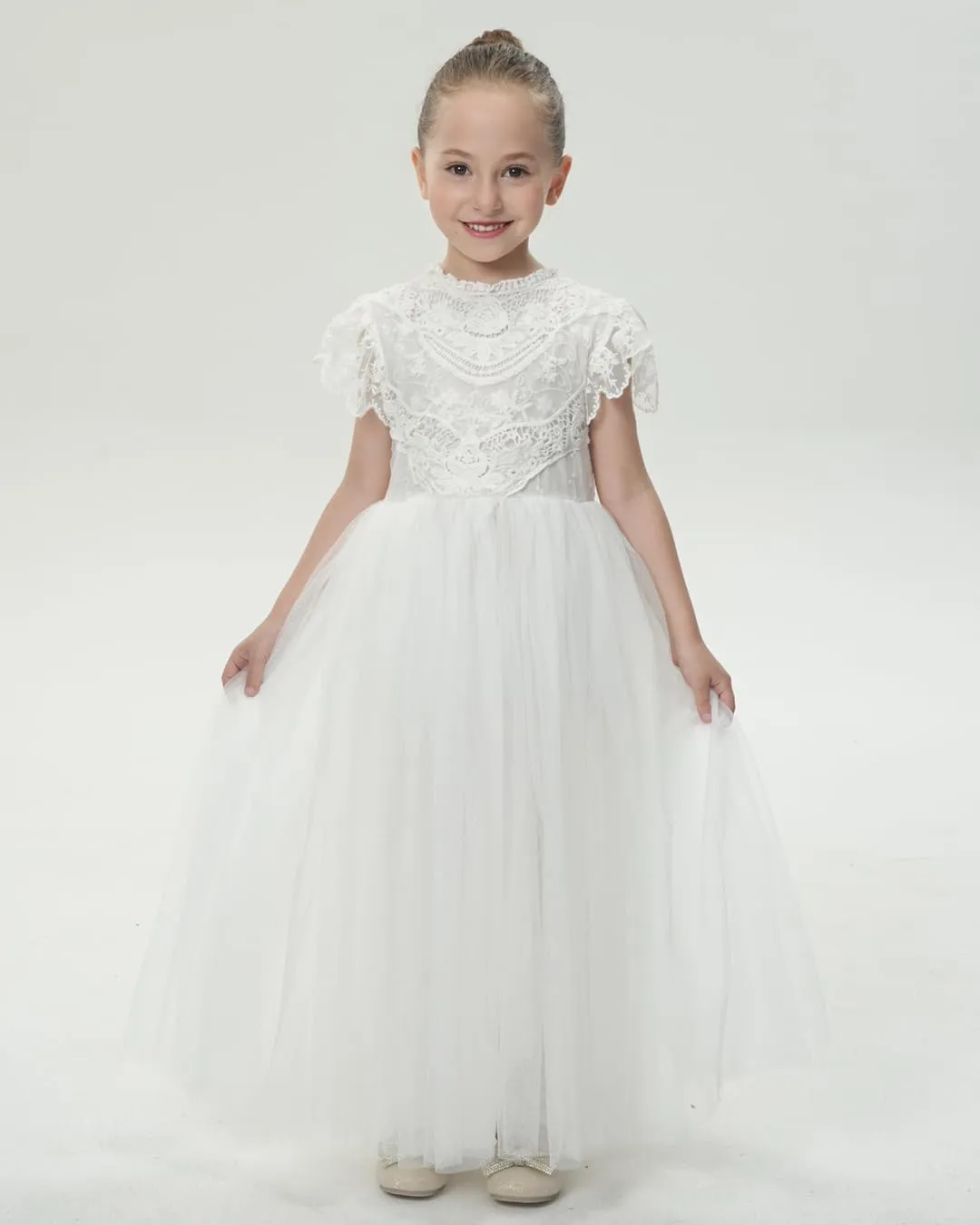 2Bunnies Girl Boho Bohemian Rustic Communion Crochet Lace A-Line Tulle Flower Girl Dress