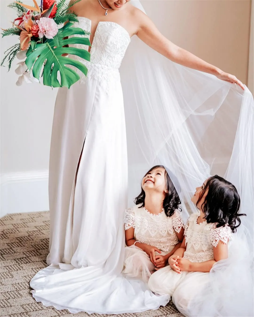 2Bunnies Girl Boho Bohemian Rustic Communion Crochet Lace A-Line Tulle Flower Girl Dress
