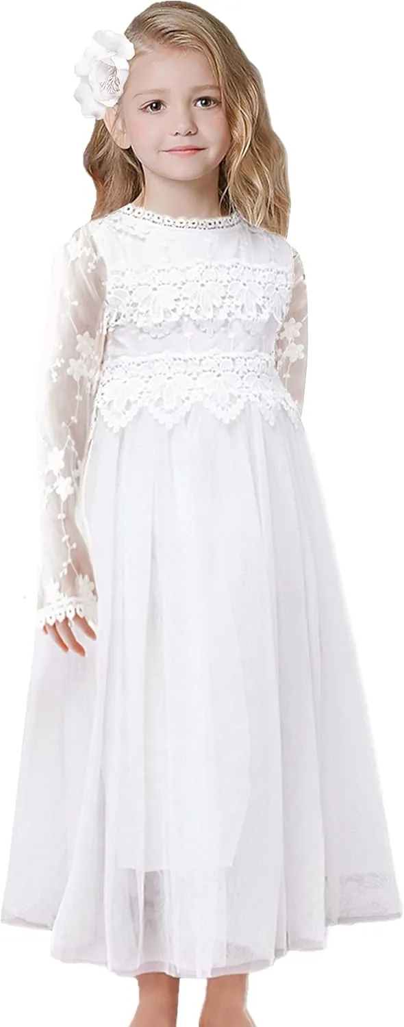 2Bunnies Girl Boho Bohemian Rustic Communion Crochet Lace A-Line Tulle Flower Girl Dress