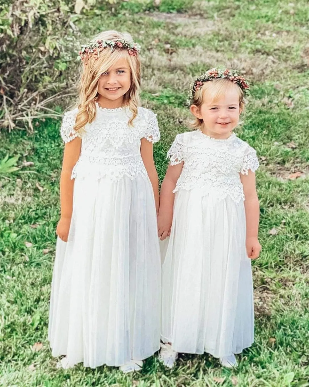 2Bunnies Girl Boho Bohemian Rustic Communion Crochet Lace A-Line Tulle Flower Girl Dress