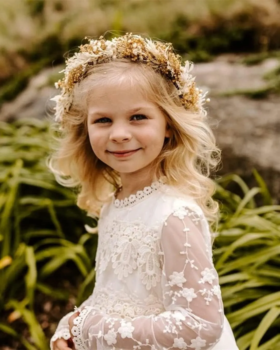2Bunnies Girl Boho Bohemian Rustic Communion Crochet Lace A-Line Tulle Flower Girl Dress