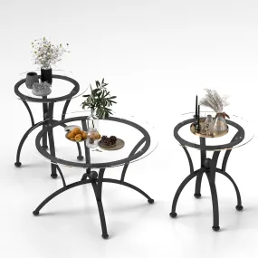 3 Piece Round Coffee Table Set with Transparent Tempered Glass Top, Modern End & Side Tables for Living Room, Bedroom, Office – Black Metal Frame
