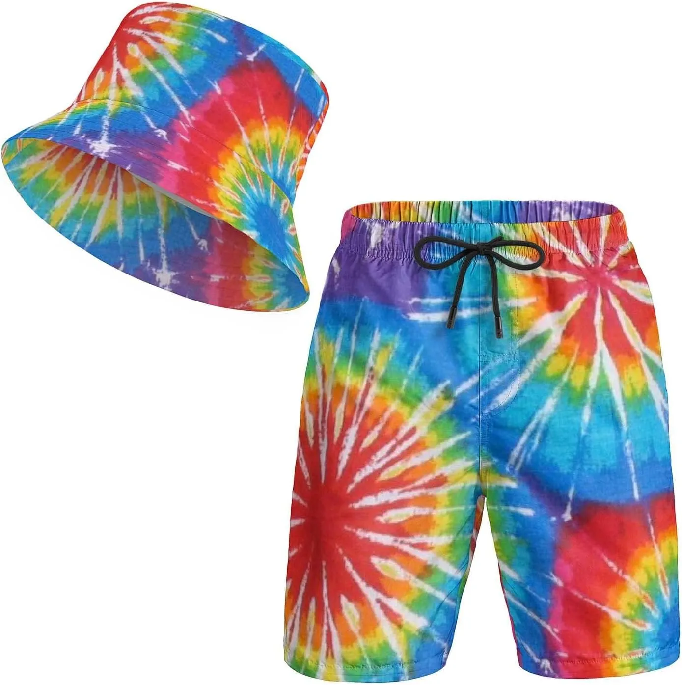 3D Print Bucket Cap and Swim Shorts Set, Summer Outdoor Travel Bucket Sun Hat and Quick Trunks Suit for Man.