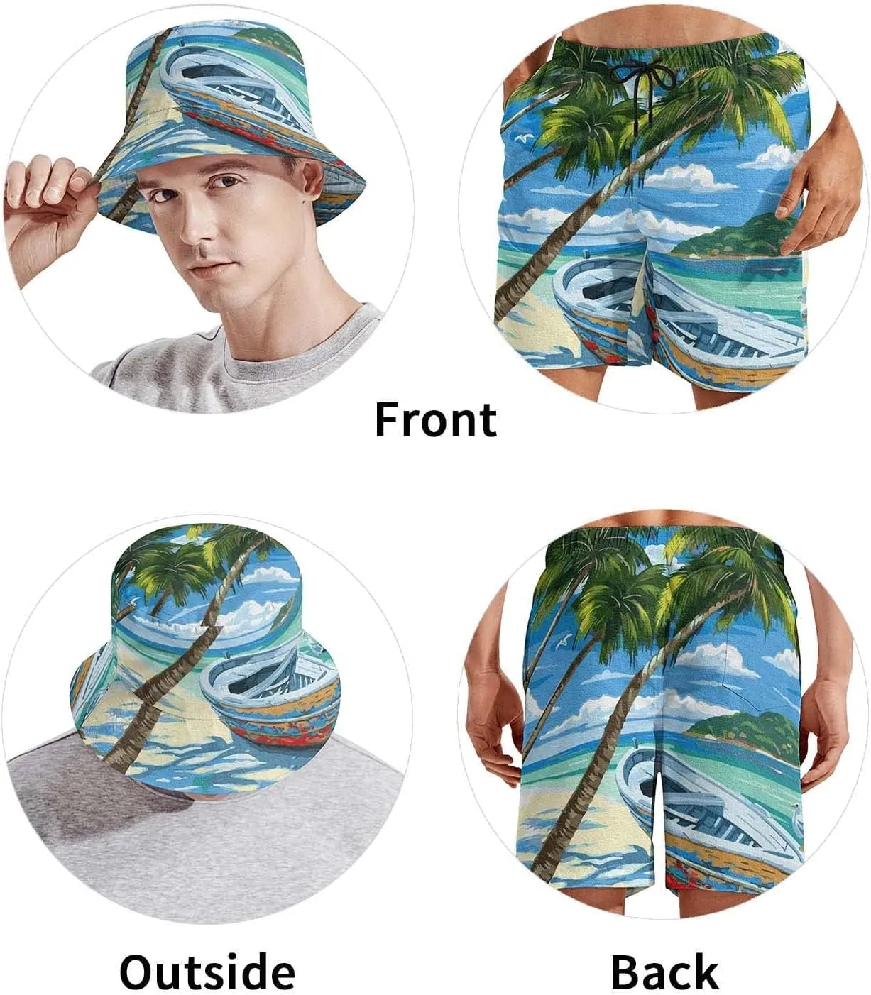 3D Print Bucket Cap and Swim Shorts Set, Summer Outdoor Travel Bucket Sun Hat and Quick Trunks Suit for Man.