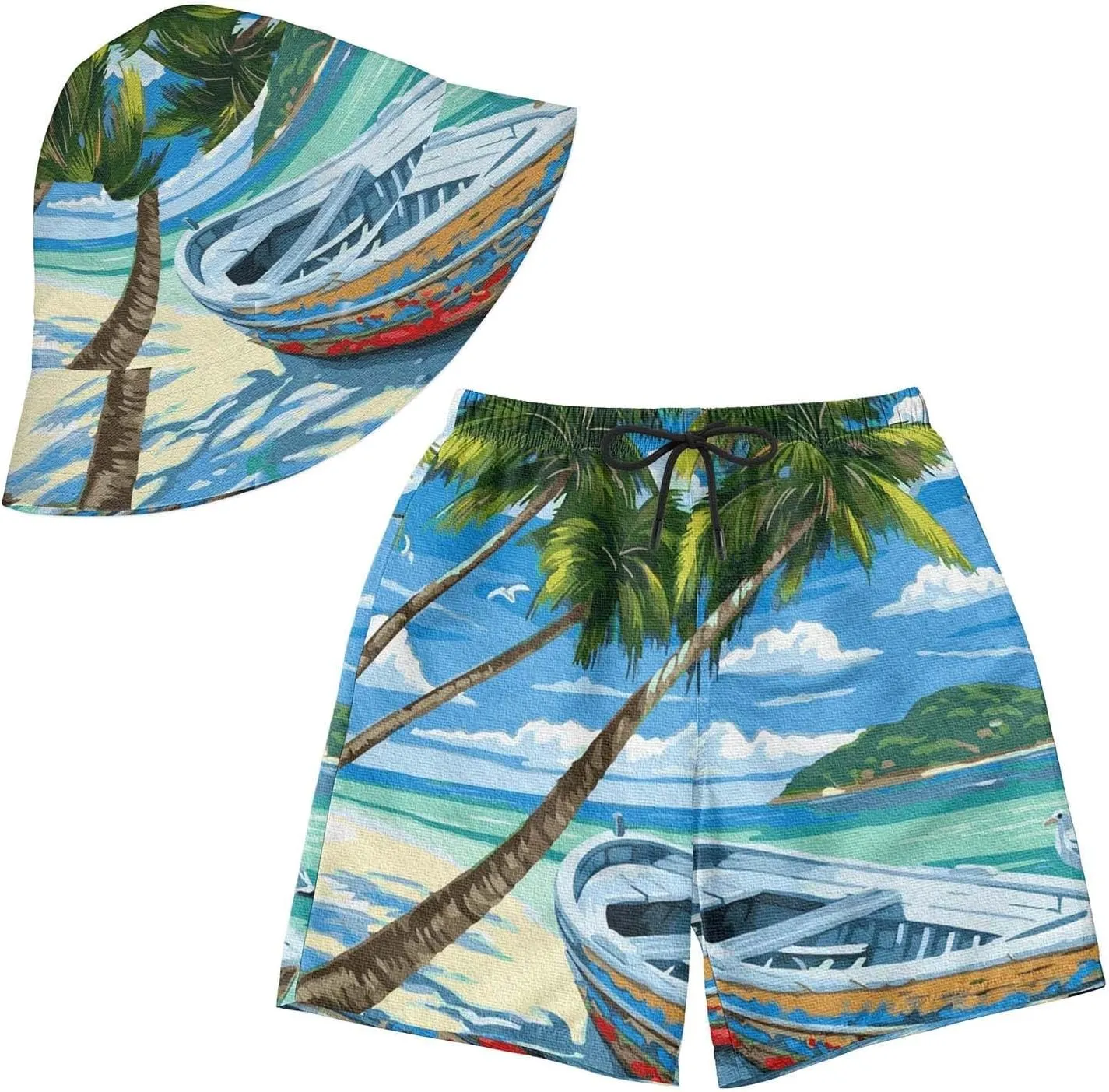 3D Print Bucket Cap and Swim Shorts Set, Summer Outdoor Travel Bucket Sun Hat and Quick Trunks Suit for Man.