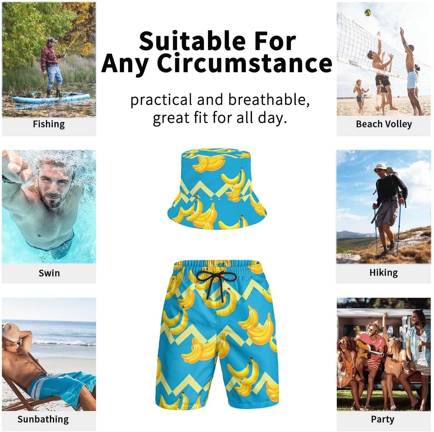 3D Print Bucket Cap and Swim Shorts Set, Summer Outdoor Travel Bucket Sun Hat and Quick Trunks Suit for Man.