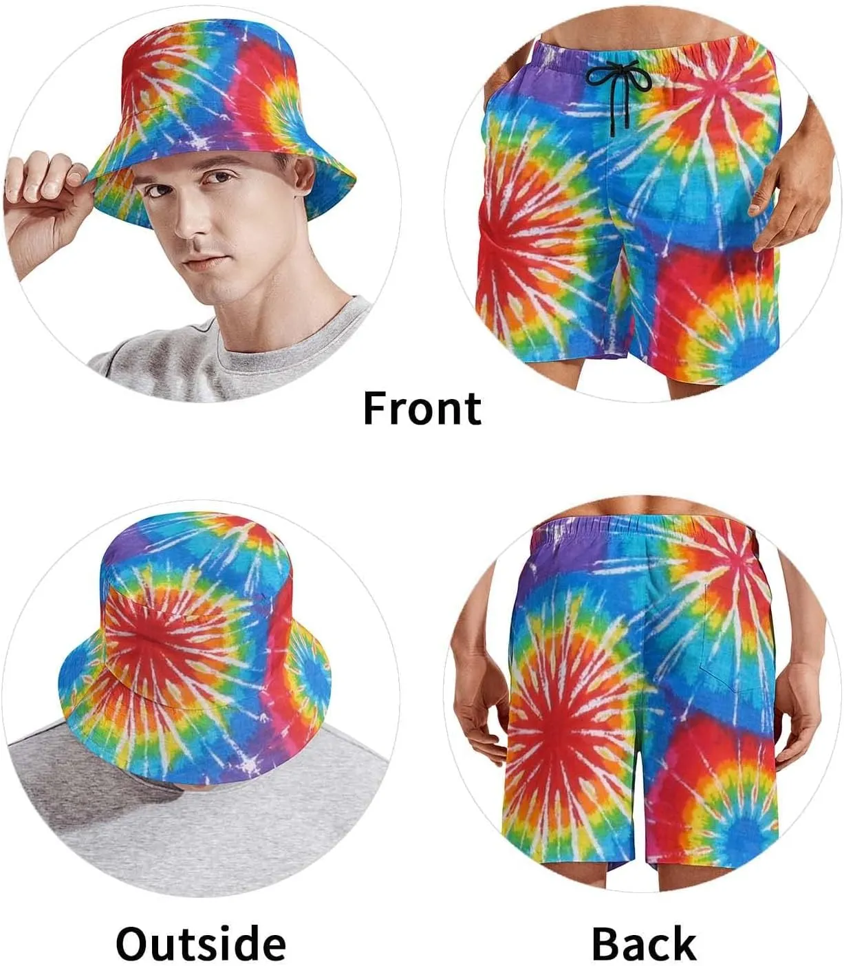 3D Print Bucket Cap and Swim Shorts Set, Summer Outdoor Travel Bucket Sun Hat and Quick Trunks Suit for Man.