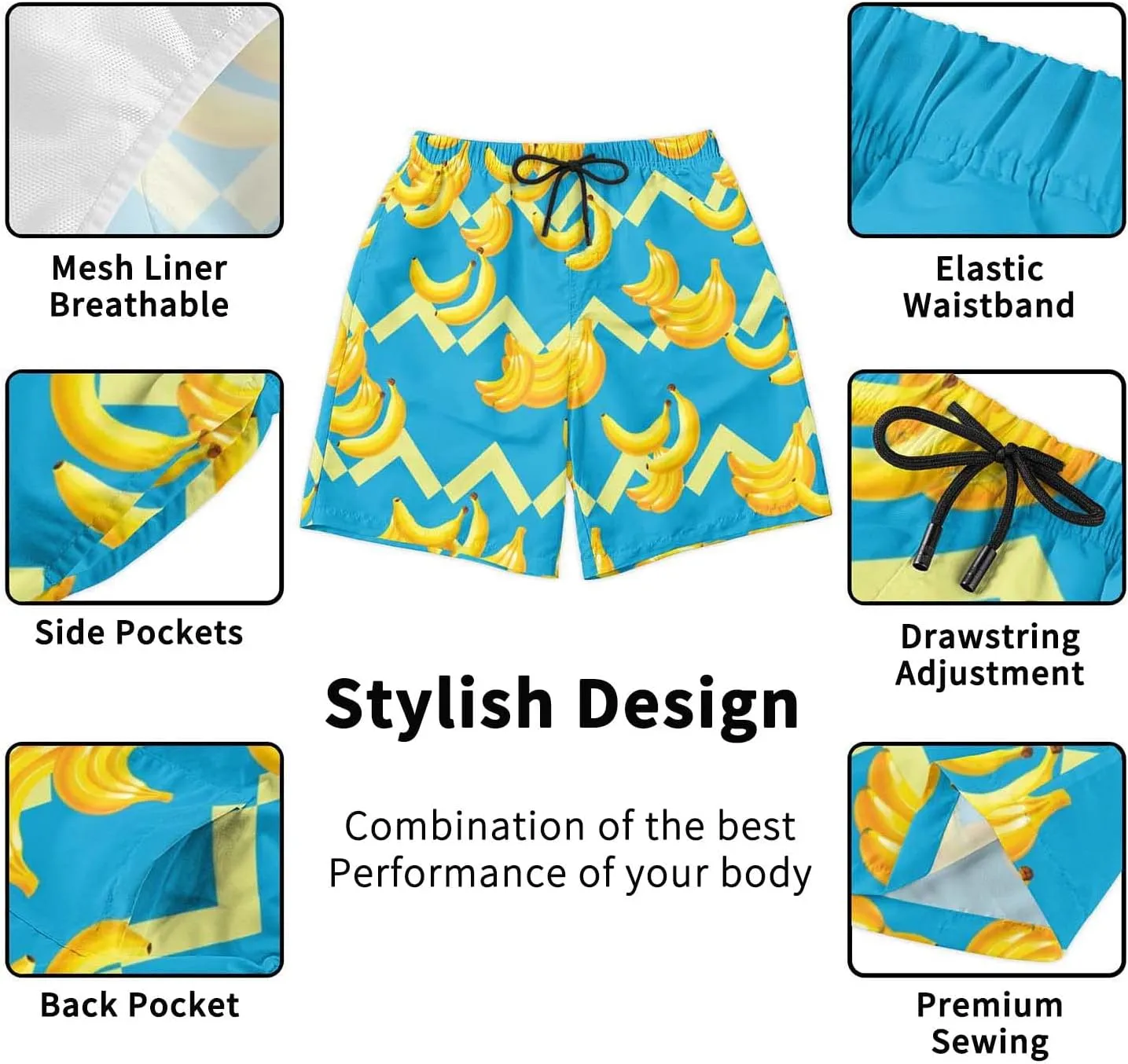 3D Print Bucket Cap and Swim Shorts Set, Summer Outdoor Travel Bucket Sun Hat and Quick Trunks Suit for Man.