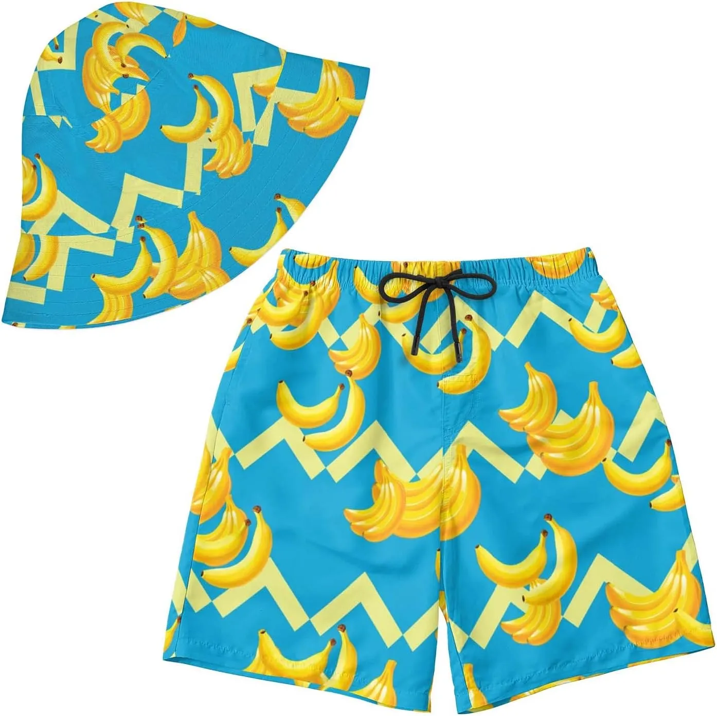 3D Print Bucket Cap and Swim Shorts Set, Summer Outdoor Travel Bucket Sun Hat and Quick Trunks Suit for Man.