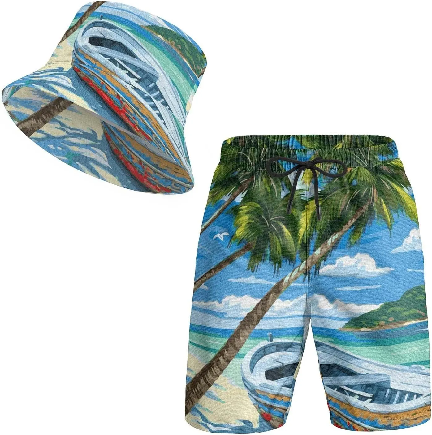 3D Print Bucket Cap and Swim Shorts Set, Summer Outdoor Travel Bucket Sun Hat and Quick Trunks Suit for Man.