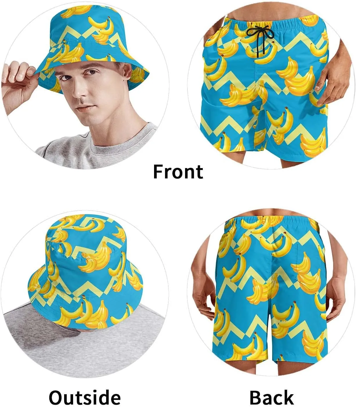 3D Print Bucket Cap and Swim Shorts Set, Summer Outdoor Travel Bucket Sun Hat and Quick Trunks Suit for Man.