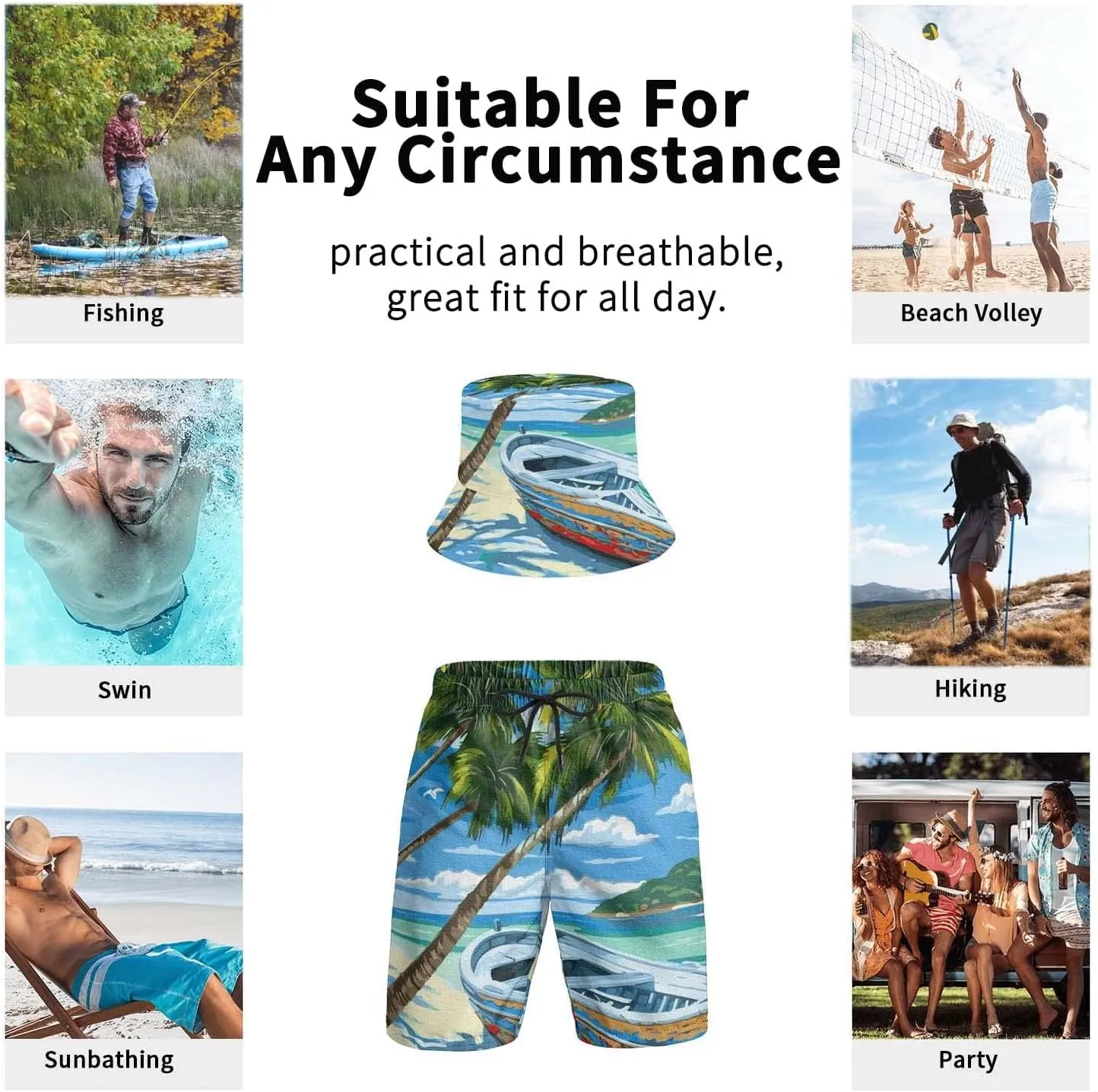 3D Print Bucket Cap and Swim Shorts Set, Summer Outdoor Travel Bucket Sun Hat and Quick Trunks Suit for Man.