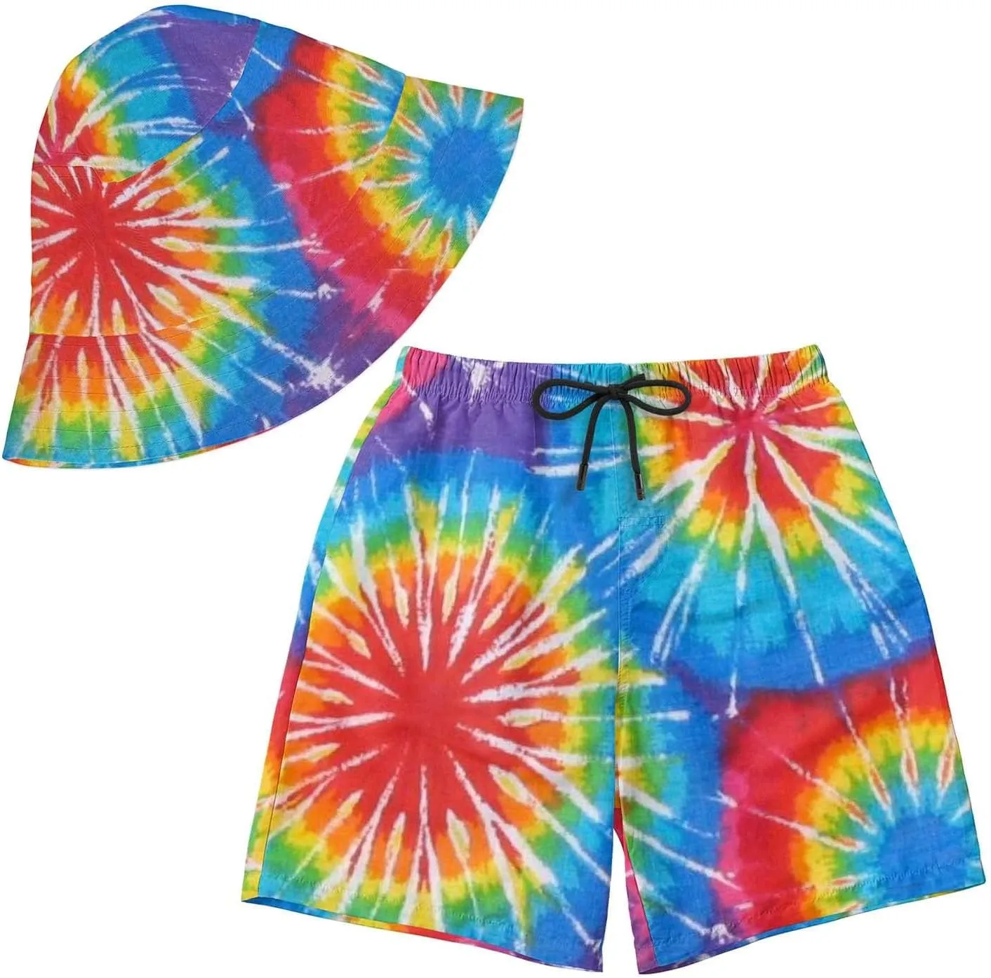 3D Print Bucket Cap and Swim Shorts Set, Summer Outdoor Travel Bucket Sun Hat and Quick Trunks Suit for Man.