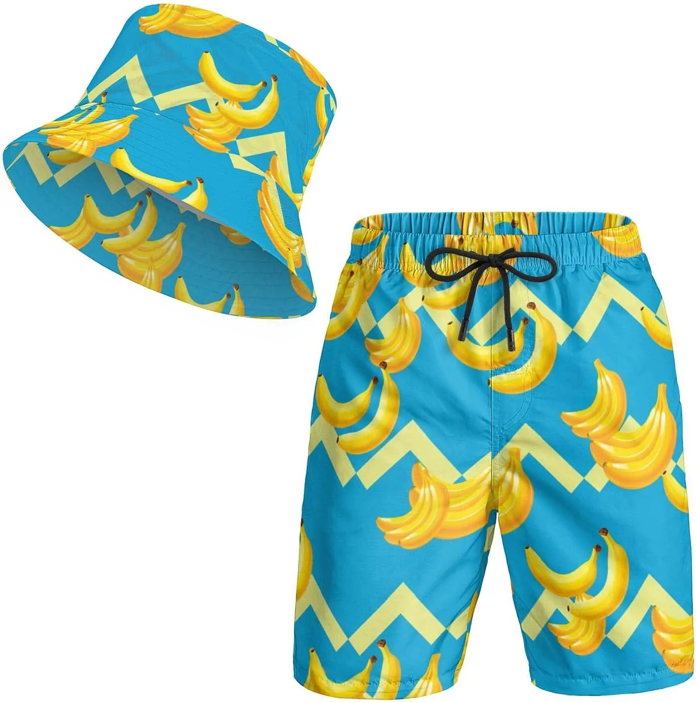 3D Print Bucket Cap and Swim Shorts Set, Summer Outdoor Travel Bucket Sun Hat and Quick Trunks Suit for Man.