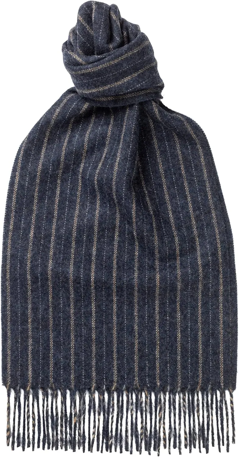 95% Lambswool 5% Cashmere Scarf Classic Stripe Brushed 64.9in x 9.8in | Navy Blue - Made In Scotland
