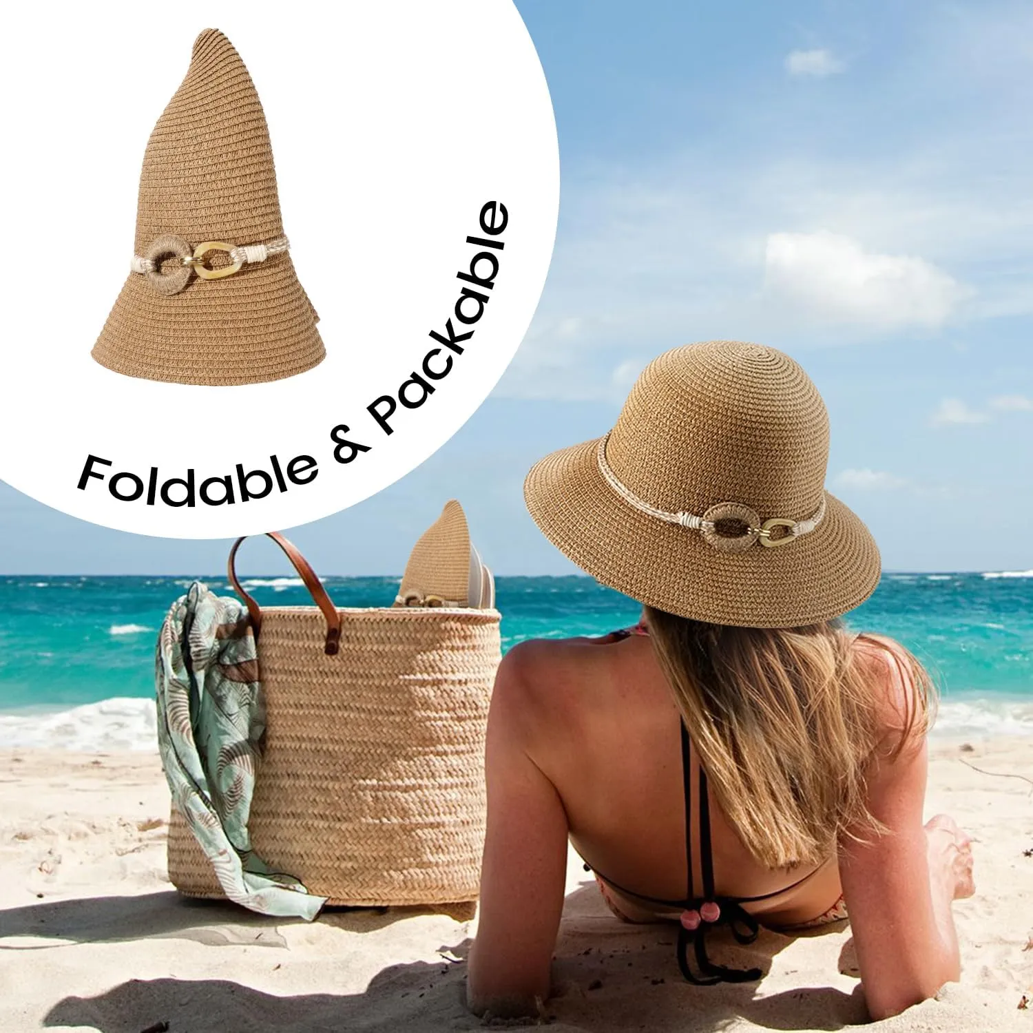 Beach Sun Straw Hats for Women, UPF 50  UV Sun Protection Wide Brim Summer Straw Hat Foldable Packable Roll up Cap