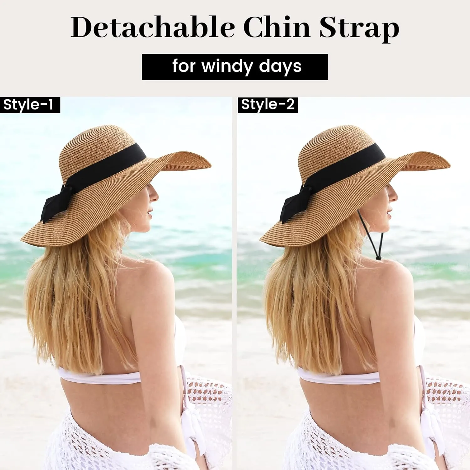Beach Sun Straw Hats for Women, UPF 50  UV Sun Protection Wide Brim Summer Straw Hat Foldable Packable Roll up Cap