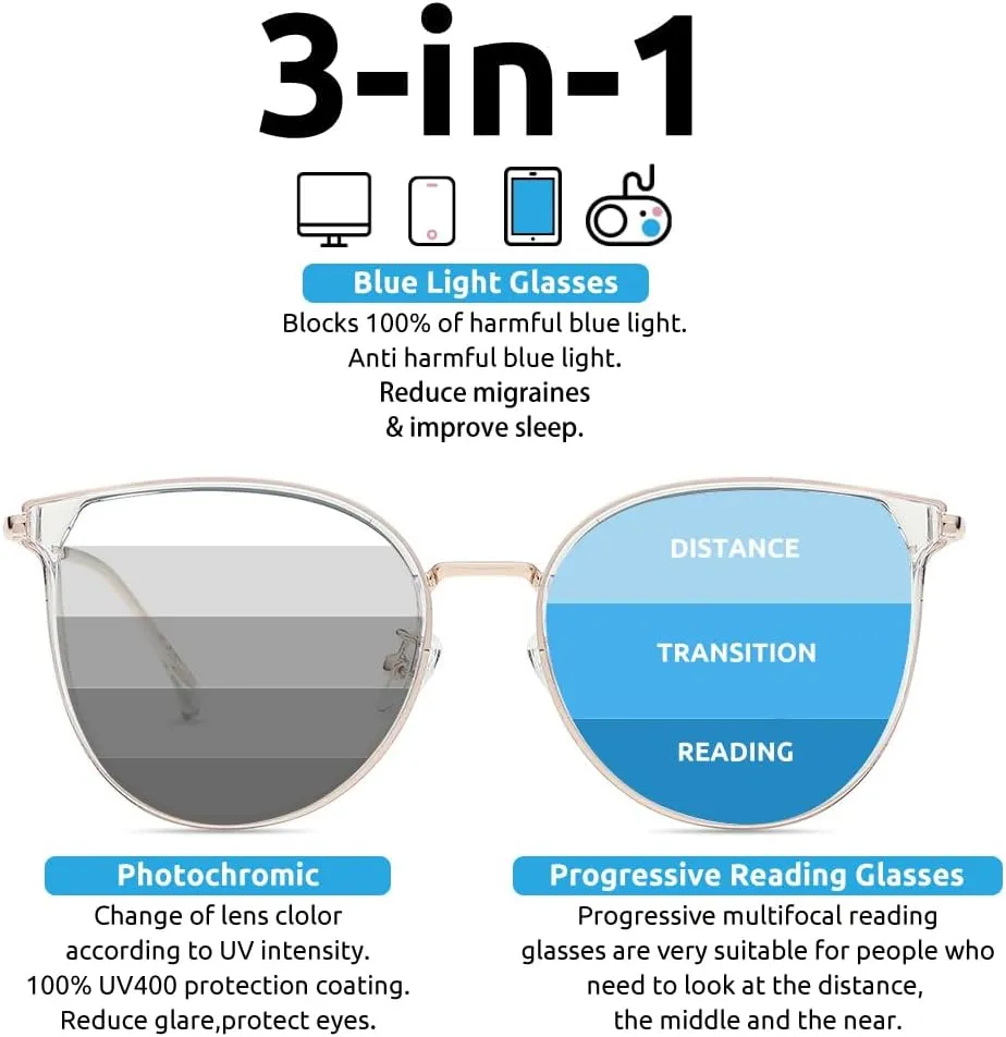 Firmoo Photochromic Progressive Multifocus Reading Glasses Vintage Cateye Blue Light Blocking Eyeglasses UV400 Sun Reader