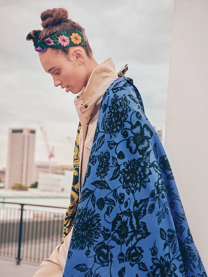 Floral Blue & Black Jacquard Woven Silk Scarf