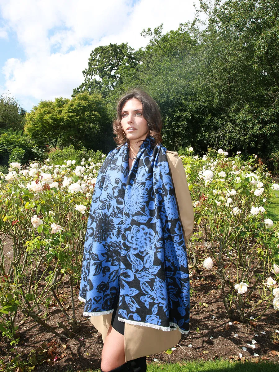 Floral Blue & Black Jacquard Woven Silk Scarf