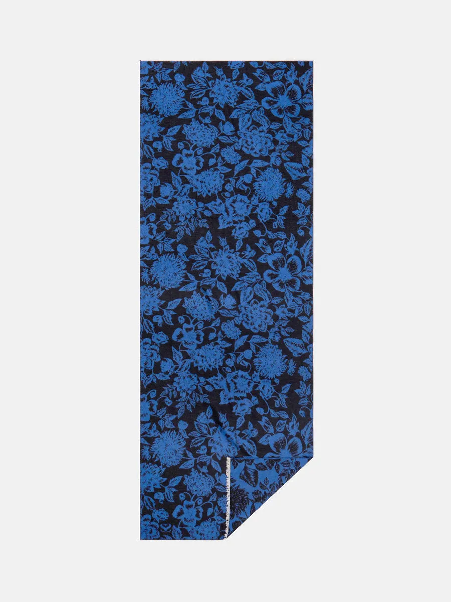 Floral Blue & Black Jacquard Woven Silk Scarf