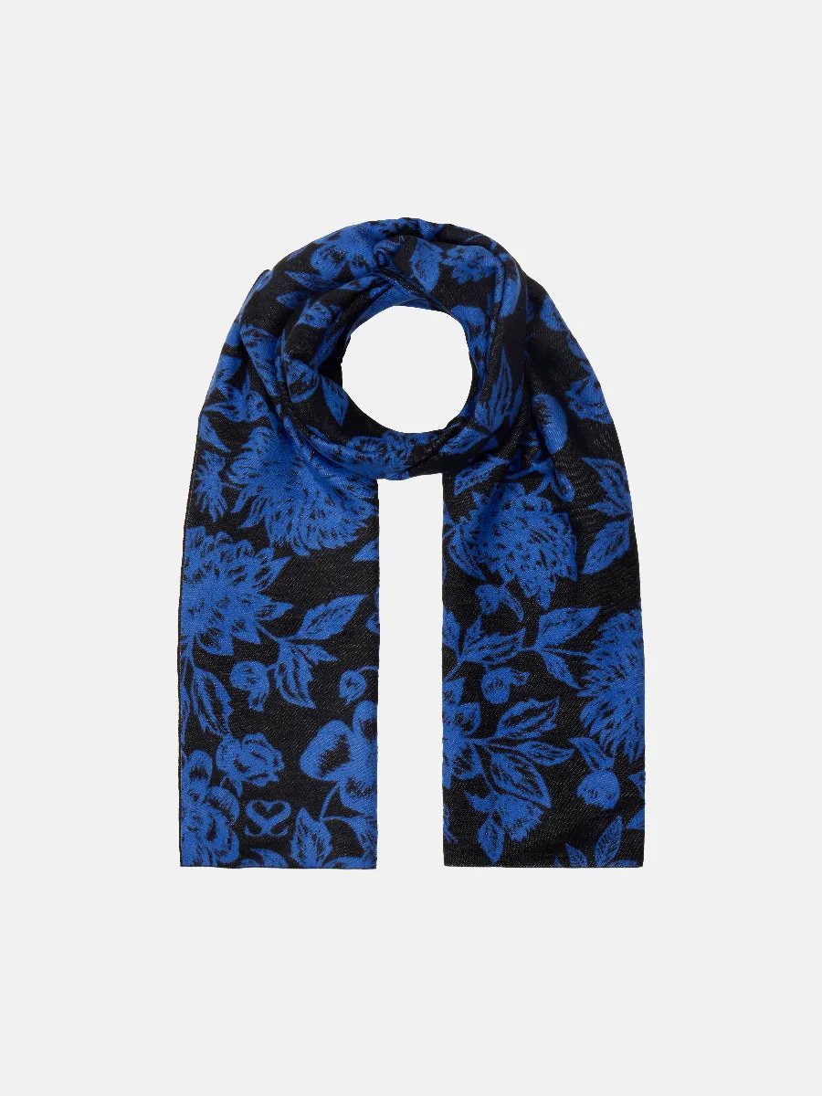 Floral Blue & Black Jacquard Woven Silk Scarf