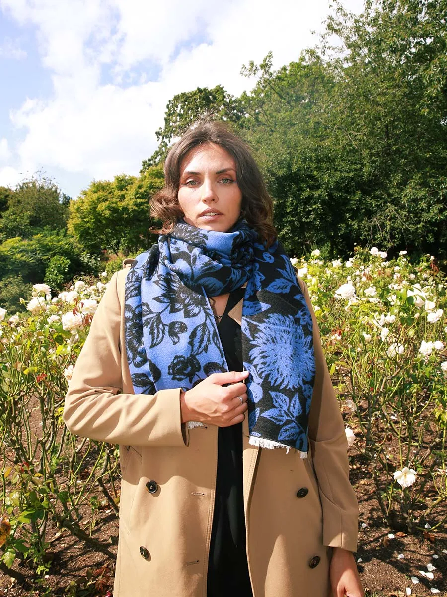 Floral Blue & Black Jacquard Woven Silk Scarf