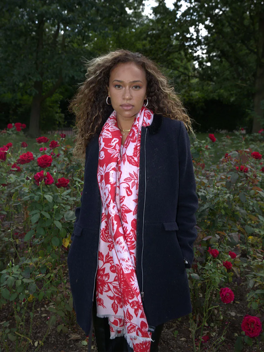 Floral Red & White Woven Silk Scarf