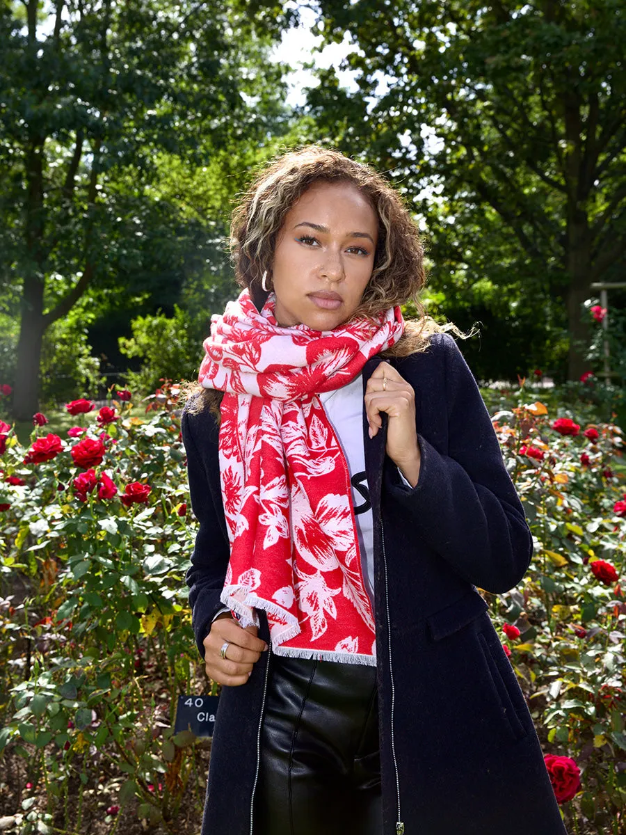 Floral Red & White Woven Silk Scarf