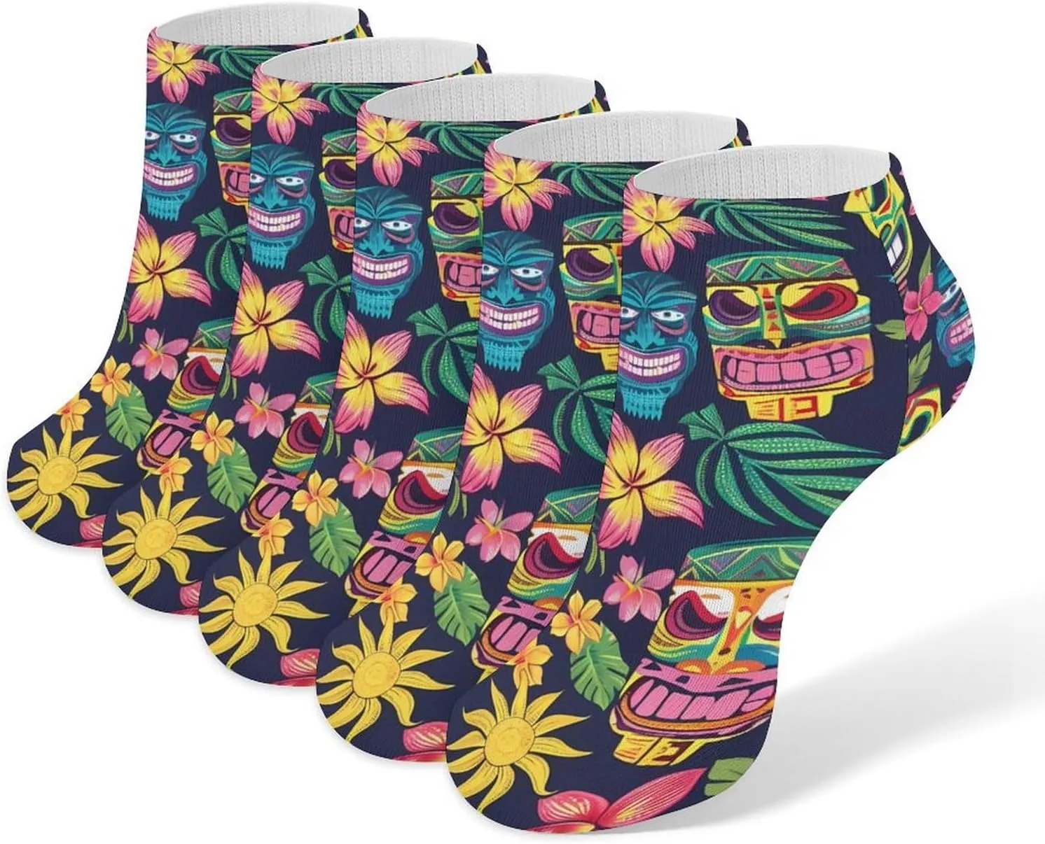 Hawaii Tiki Masks And Florals 5 Pairs Ankle Socks Low-Cut Non Slip Athletic Running Flat Sock for Men And Women