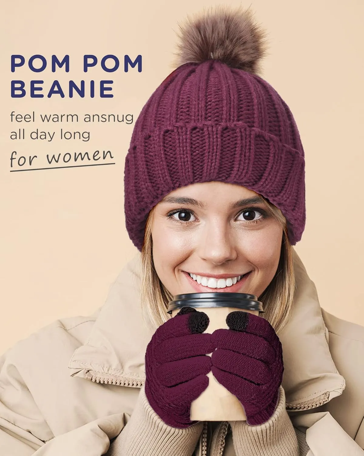 Haysandy 6 Pieces Women Winter Warm Knitted Hat Gloves Set Skull Cap Beanie Touchscreen Hats and Gloves for Women