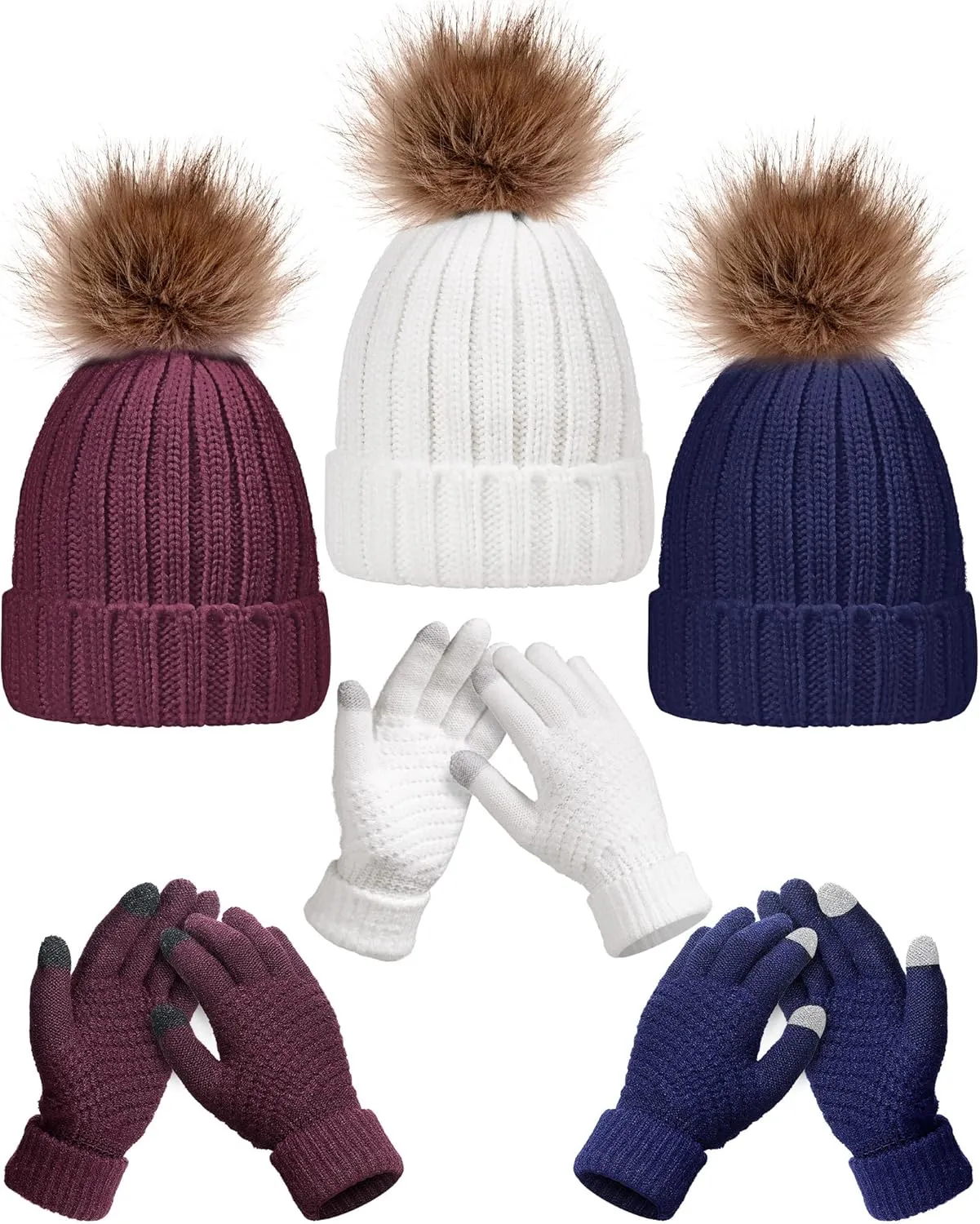 Haysandy 6 Pieces Women Winter Warm Knitted Hat Gloves Set Skull Cap Beanie Touchscreen Hats and Gloves for Women