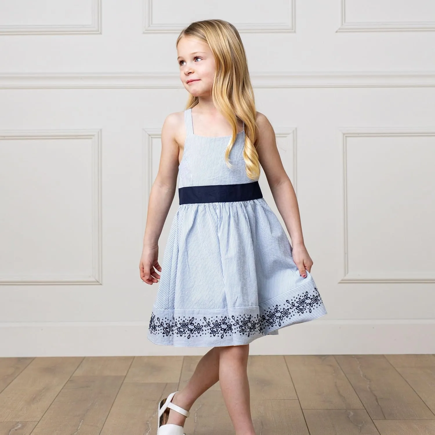 Hope & Henry Girls' Sleeveless Special Occasion Sun Dress with Bow Back Detail and Embroidery