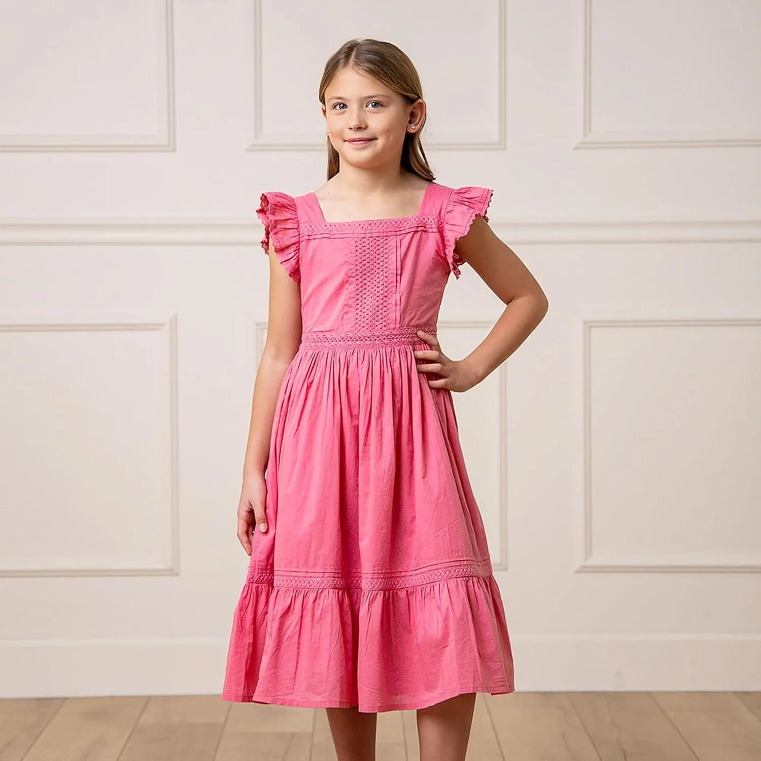 Hope & Henry Girls' Sleeveless Special Occasion Sun Dress with Bow Back Detail and Embroidery