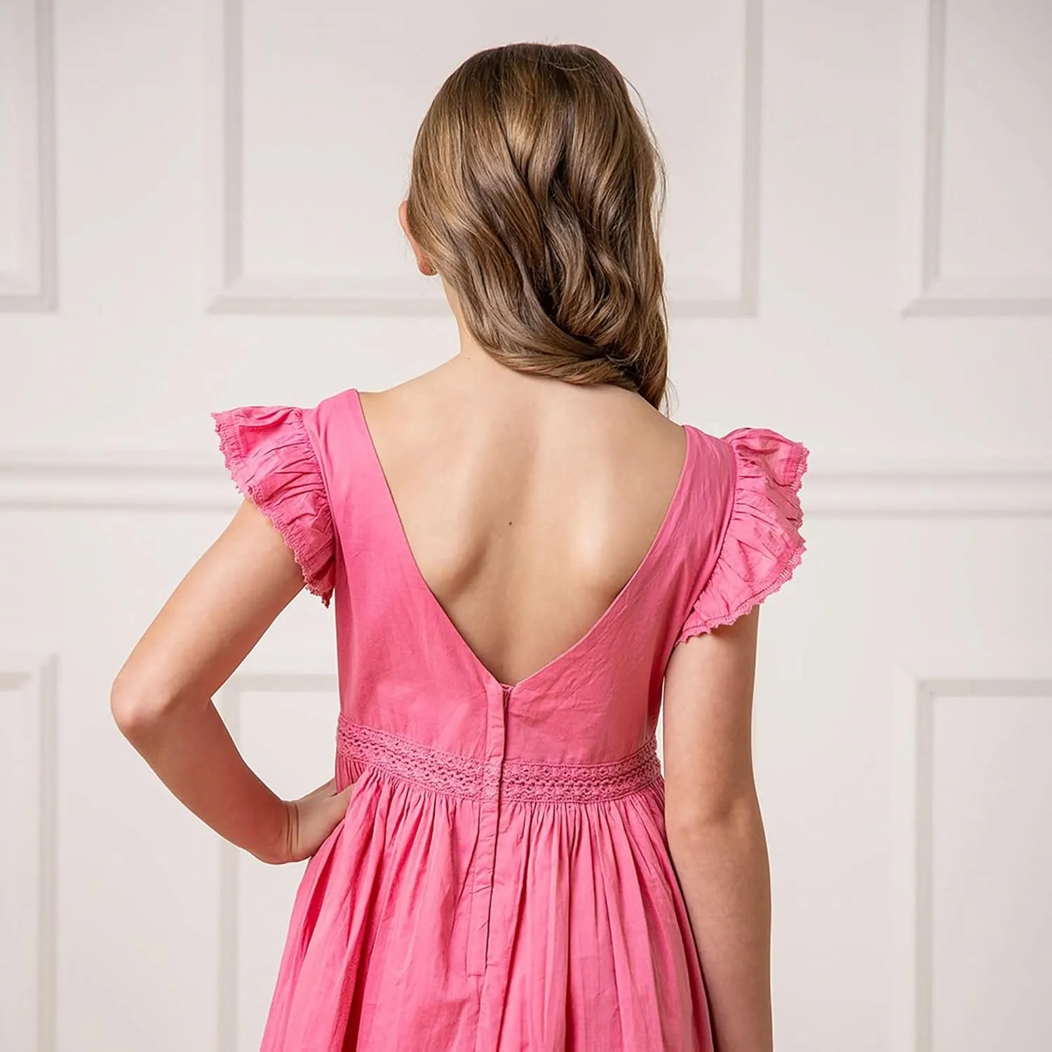 Hope & Henry Girls' Sleeveless Special Occasion Sun Dress with Bow Back Detail and Embroidery