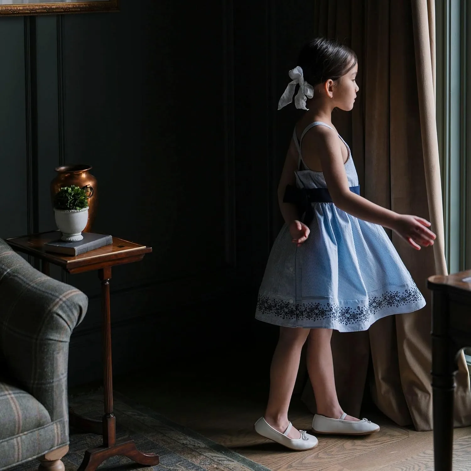 Hope & Henry Girls' Sleeveless Special Occasion Sun Dress with Bow Back Detail and Embroidery