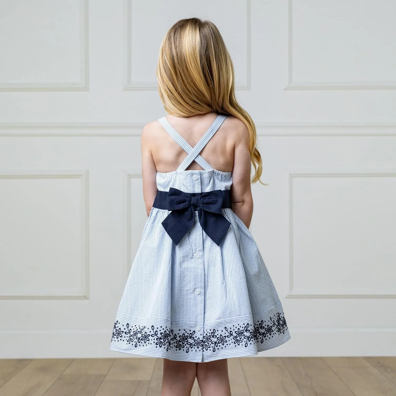 Hope & Henry Girls' Sleeveless Special Occasion Sun Dress with Bow Back Detail and Embroidery