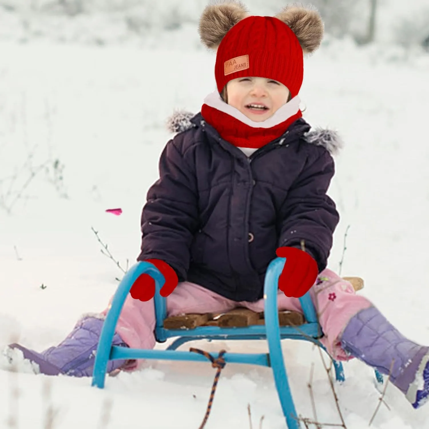 Kids Winter Beanie Hat Scarf Gloves Set,Toddlers Knit Winter Warm Double Pompom Cap Scarf Gloves for Girls Boys 1-5 Years Old