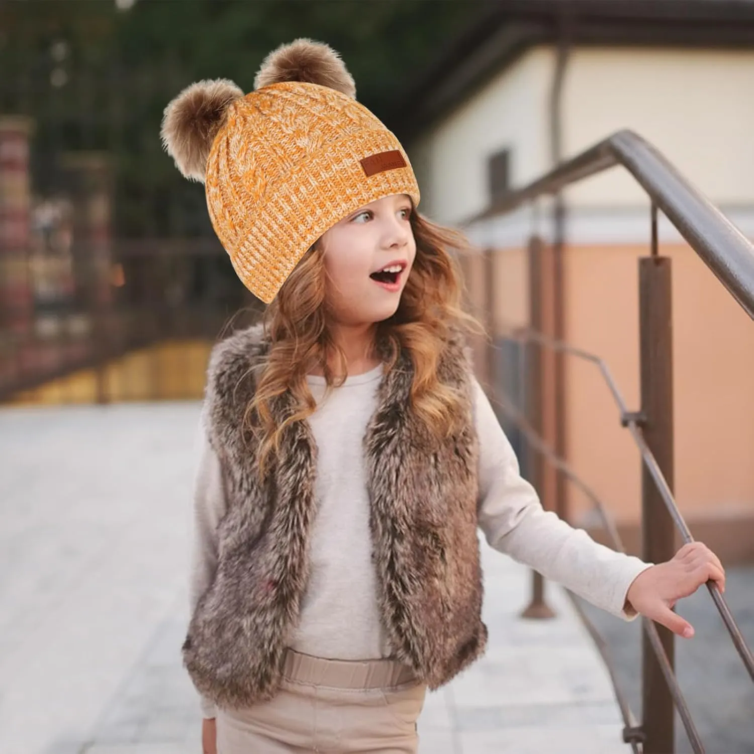 Kids Winter Beanie Hat Scarf Gloves Set,Toddlers Knit Winter Warm Double Pompom Cap Scarf Gloves for Girls Boys 1-5 Years Old