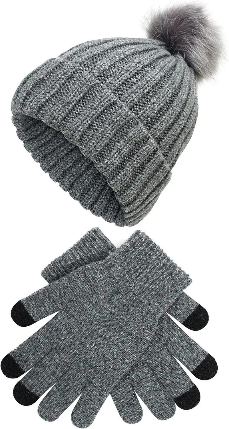 Muryobao 2 Pcs Womens Winter Knitted Beanie Hat Touch Screen Gloves Set Knit Cuffed Skull Cap with Faux Fur Pom
