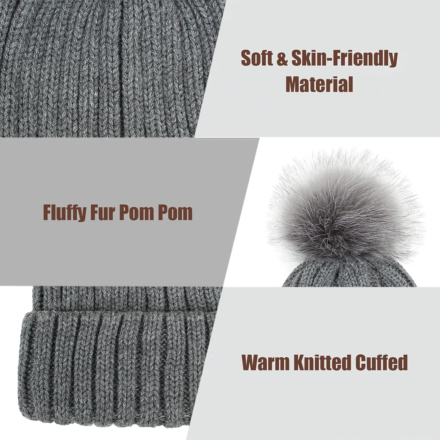 Muryobao 2 Pcs Womens Winter Knitted Beanie Hat Touch Screen Gloves Set Knit Cuffed Skull Cap with Faux Fur Pom