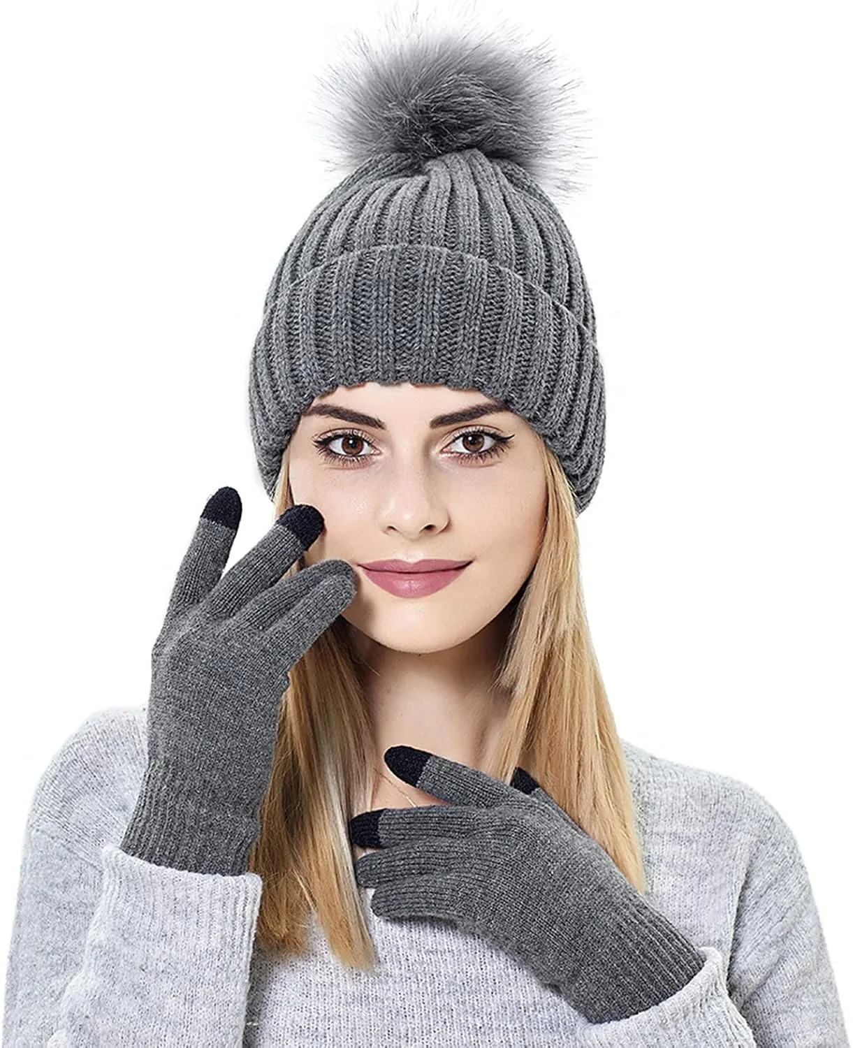 Muryobao 2 Pcs Womens Winter Knitted Beanie Hat Touch Screen Gloves Set Knit Cuffed Skull Cap with Faux Fur Pom