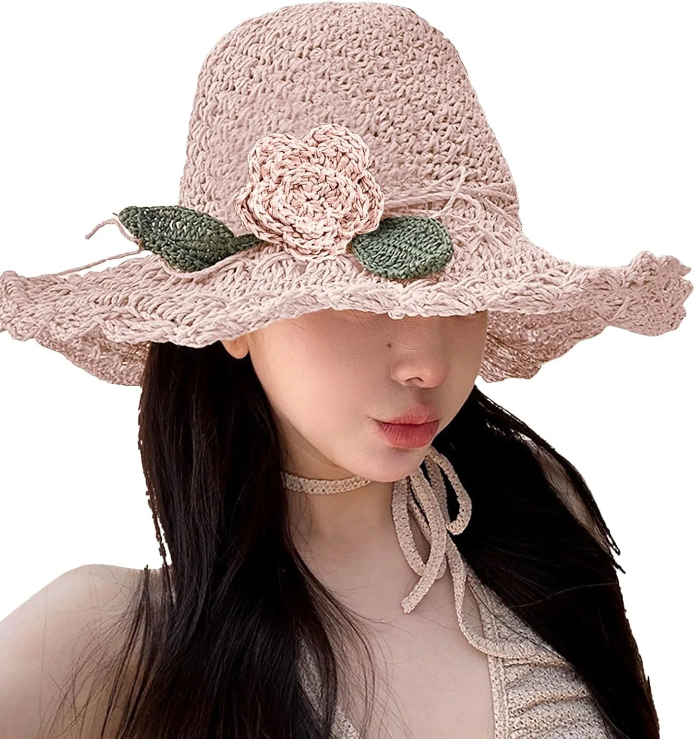 Summer Beach Sun Straw Hats for Women Wide Brim Handmade Foldable Packable Crochet Travel Sun Protection Hat Caps​